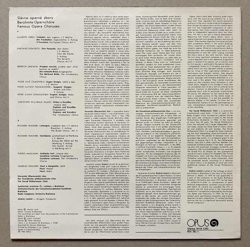G. Verdi, G. Donizetti, B. Smetana, Ch. W. Gluck, R. Wagner, P. Mascagni, P. I. Tchaikovsky, Ch. Gounod - Slovak Philharmonic Choir, Radio Symphony Orchestra Bratislava, Ondrej Lenárd - Famous Opera Choruses (LP)