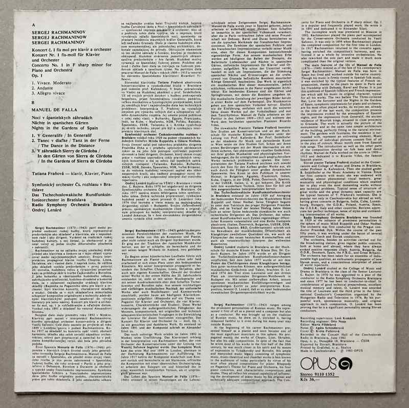 S. Rachmaninov / M. De Falla, Tatiana Fraňová, Radio Bratislava Symphony Orchestra, Ondrej Lenárd - Piano Concerto No. 1 In F Sharp Minor / Nights In The Gardens Of Spain (LP)