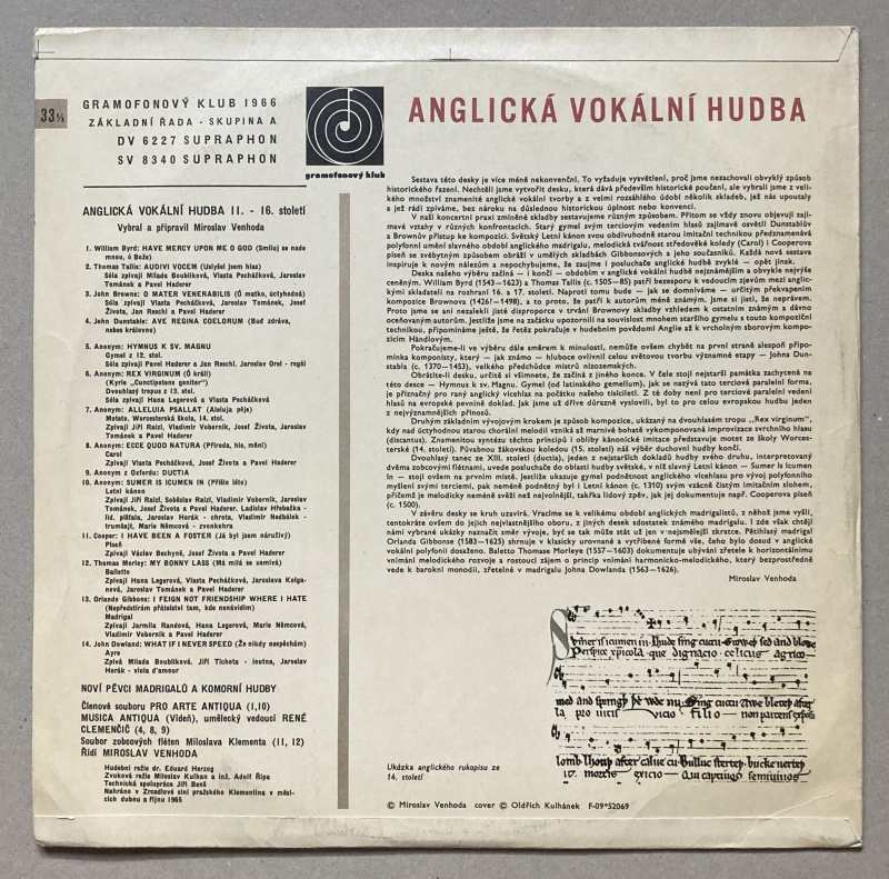 Noví pěvci madrigalů a komorní hudby - Anglická vokální hudba XI.-XVI. století (LP)