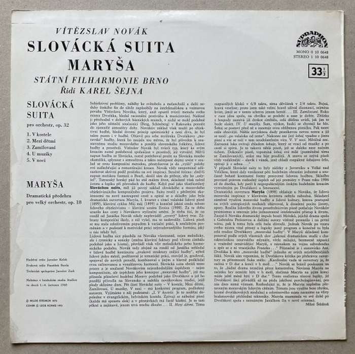 V. Novák - Státní filharmonie Brno, řídí Karel Šejna - Slovácka suita / Maryša op. 18 (LP)