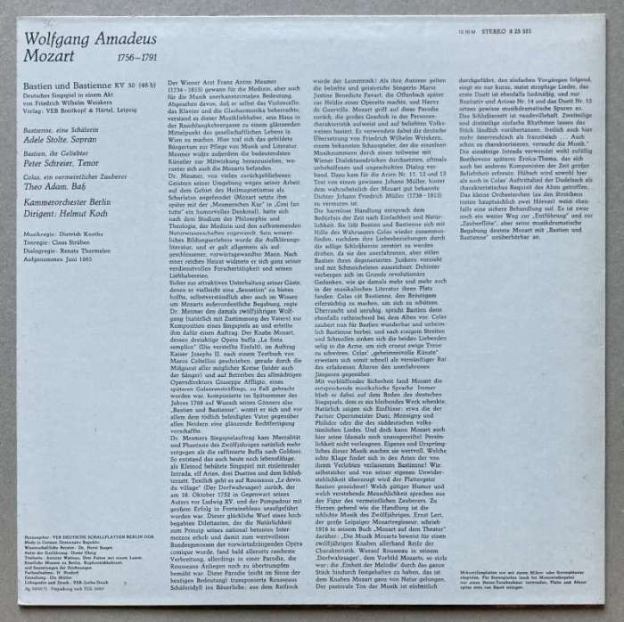 Wolfgang Amadeus Mozart, Peter Schreier, Adele Stolte, Theo Adam, Kammerorchester Berlin, Helmut Koch - Bastien Und Bastienne (LP)