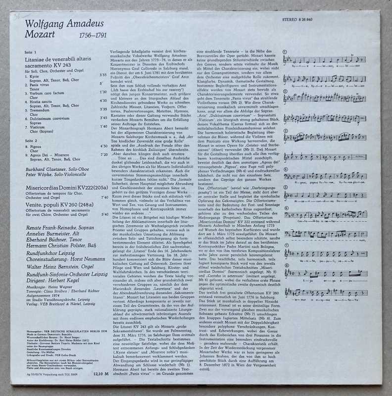 Mozart, R. Frank-Reinecke, A. Burmeister, E. Büchner, H. Christian Polster, Rundfunkchor Leipzig, Rundfunk-Sinfonie-Orchester Leipzig, H. Kegel - Litaniae De Venerabili Altaris Sacramento KV 243 / Misericordias Domini KV 222 / Venite Populi KV 260 (LP)