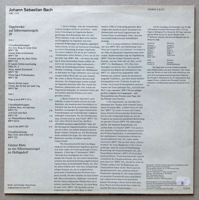 Johann Sebastian Bach - Günter Metz - Orgelwerke 20 (LP)