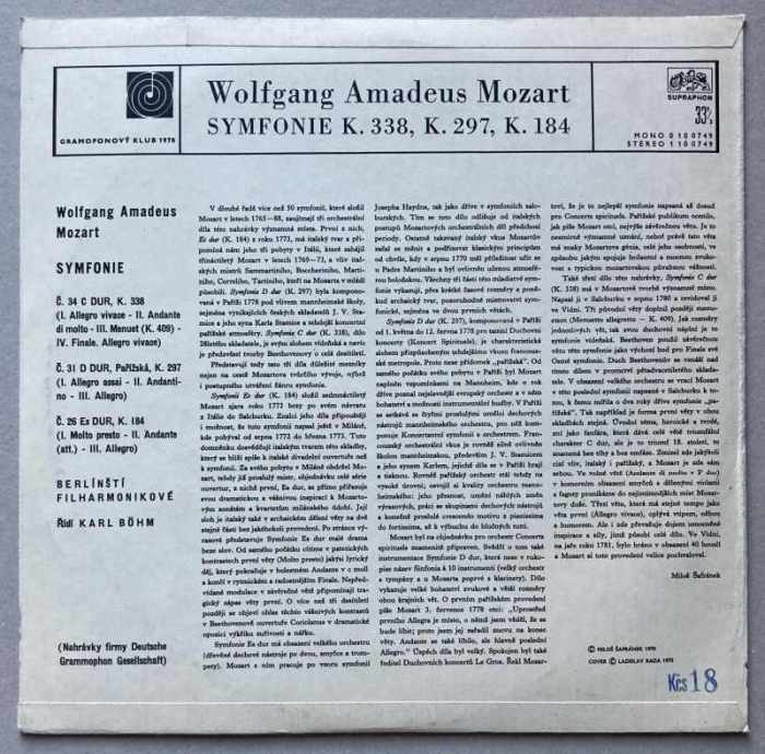 Wolfgang Amadeus Mozart - Symfonie Es dur, K. 184, D dur "Pařížská" K. 297, C dur, K. 338 (LP)