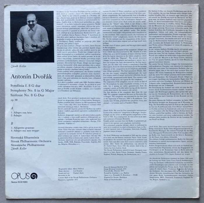 Dvořák, Slovak Philharmonic Orchestra, Zdeněk Košler - Symphony nr. 8 in G Major (LP)