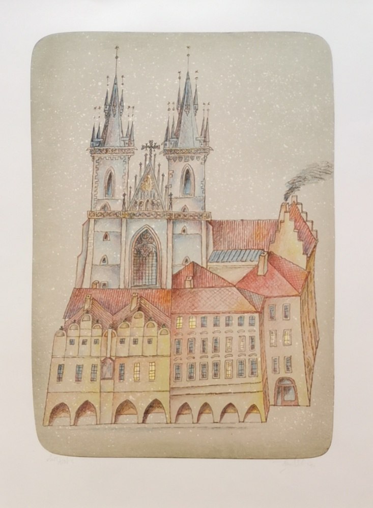 Jiří Hanžlík - Praha - Staroměstské náměstí - Kostel Matky boží před Týnem (litografie)