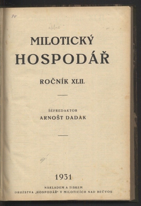 Dadák, Arnošt - Milotický hospodář, ročník XLII. 1931