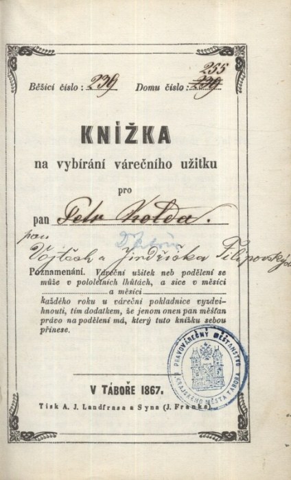 Knížka na vybírání várečného užitku, běžící číslo 239, číslo domu 255 (r. 1867)