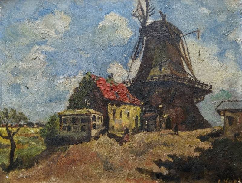 L. Knell (?) - Větrný mlýn (De Bonte Hen, Zaandam) (olej na lepence)