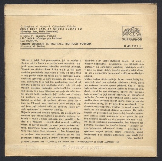 Eva Pilarová - Zkus bejt sám, za chvíli vzdáš to (Goodbye Sam, Hello Samantha) / Luciana (Cantiga por Luciana) (SP)