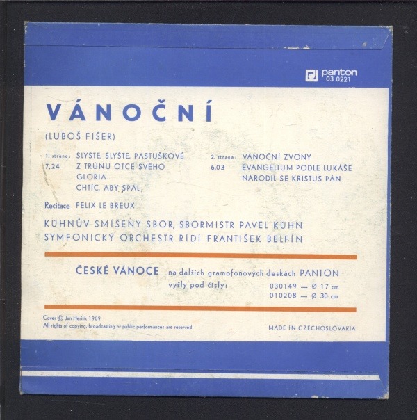 Kühnův smíšený sbor, Symfonický orchestr - Vánoční: Slyšte, slyšte, pastuškové; Z trůnu Otce svého; Gloria; Chtíc, aby spal / Vánoční zvony; Evangelium podle Lukáše; Narodil se Kristus pán (SP)