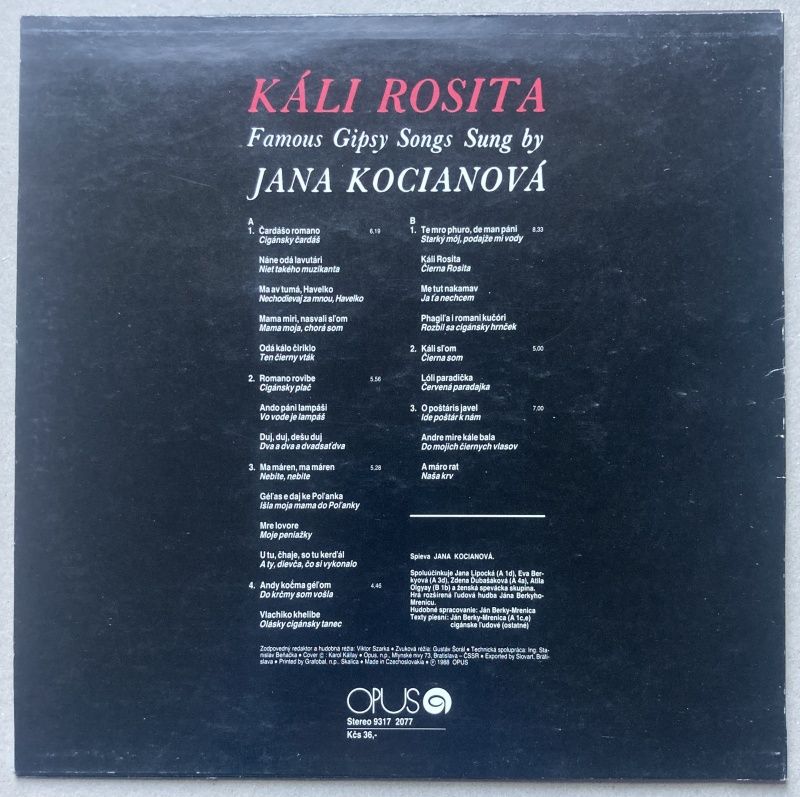 Jana Kocianová & The Ján Berky-Mrenica Folk Band - Káli Rosita - Famous Gypsy Songs Sung By Jana Kocianová (LP)