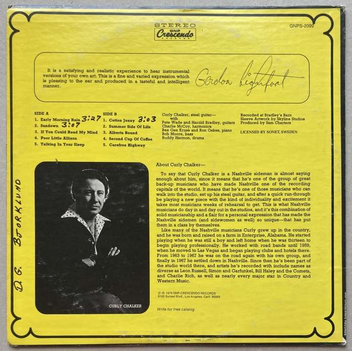 Curly Chalker - Nashville Sundown - Curly Chalker Plays The Songs Of Gordon Lightfoot (LP)