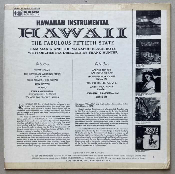 Sam Makia And The Makapuu Beach Boys With Frank Hunter And His Orchestra - Hawaii - The Fabulous Fiftieth State (LP)