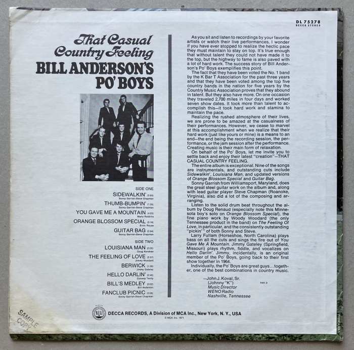 Bill Anderson's Po' Boys - That Casual Country Feeling (LP)