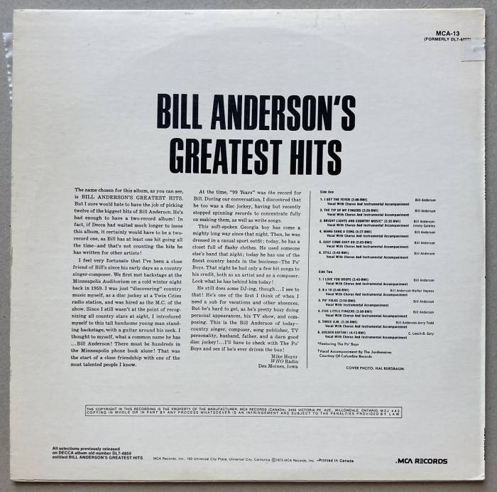 Bill Anderson - Bill Anderson's Greatest Hits (LP)