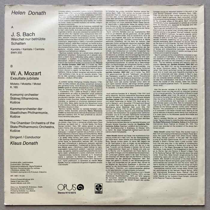 Johann Sebastian Bach / Wolfgang Amadeus Mozart, Helen Donath, Klaus Donath, Štátna Filharmónia Košice - Weichet nur betrübte Schatten / Exsultate jubilate (LP)