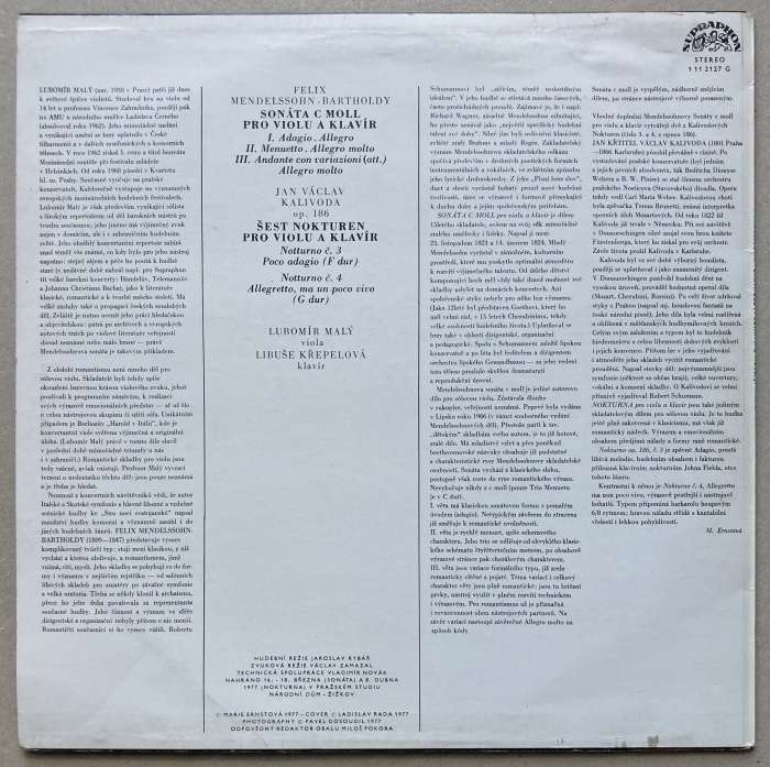 Felix Mendelssohn-Bartholdy / Jan Václav Kalivoda, Lubomír Malý - Sonáta c moll pro violu a klavír / Nokturna (LP)