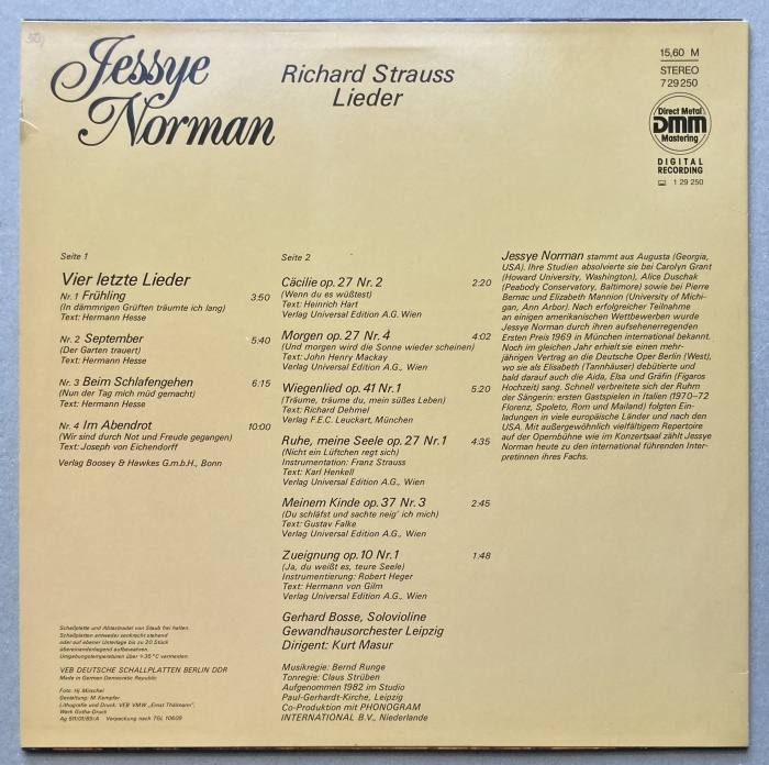 Jessye Norman, Gewandhausorchester Leipzig, Kurt Masur - Richard Strauss - Richard Strauss Lieder (LP)