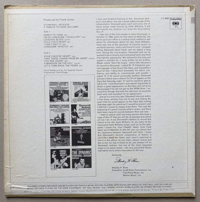 Stonewall Jackson - A Tribute To Hank Williams (LP)