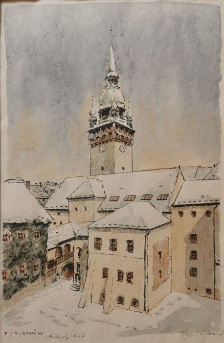 Josef D. Černý (1915-1996) - Brno, radniční dvůr - litografie kolorovaná akvarelem