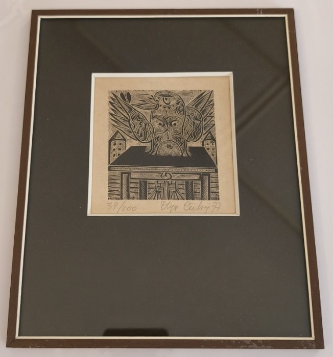 Olga Čechová (1925 - 2010) - Ptáček na stole - dřevoryt