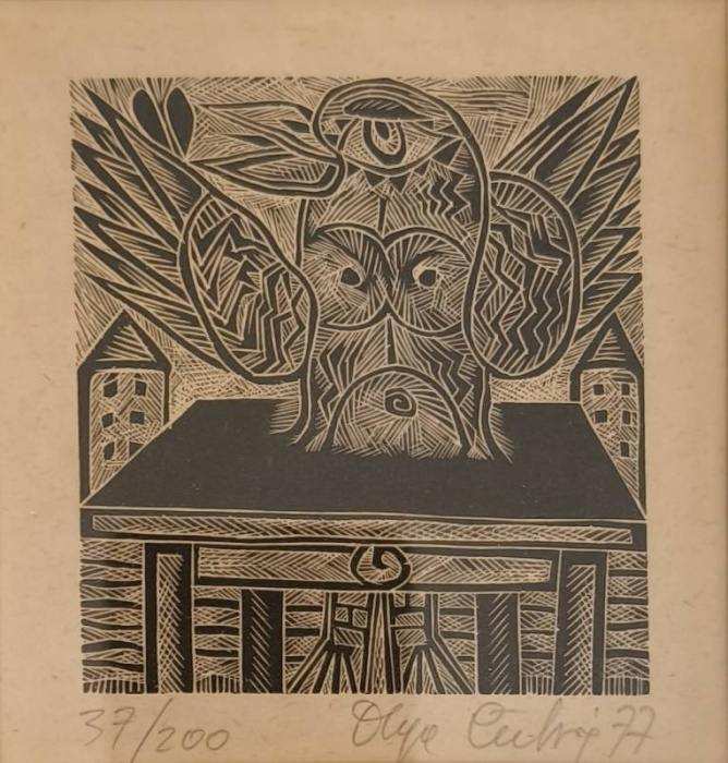 Olga Čechová (1925 - 2010) - Ptáček na stole - dřevoryt