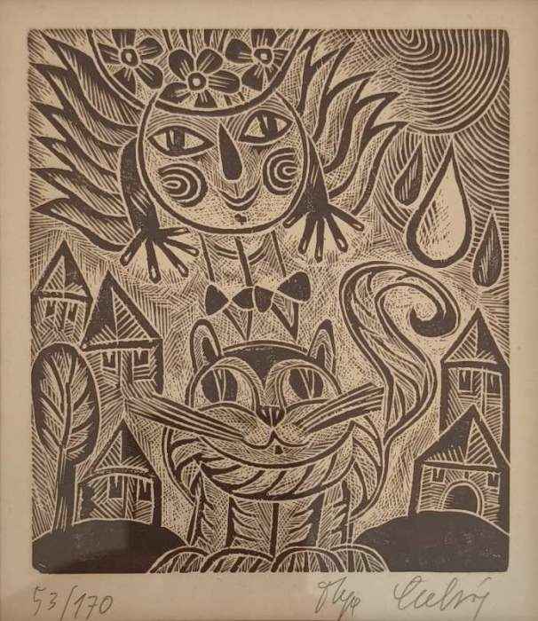 Olga Čechová (1925 - 2010) - Kočičino překvapení - dřevoryt