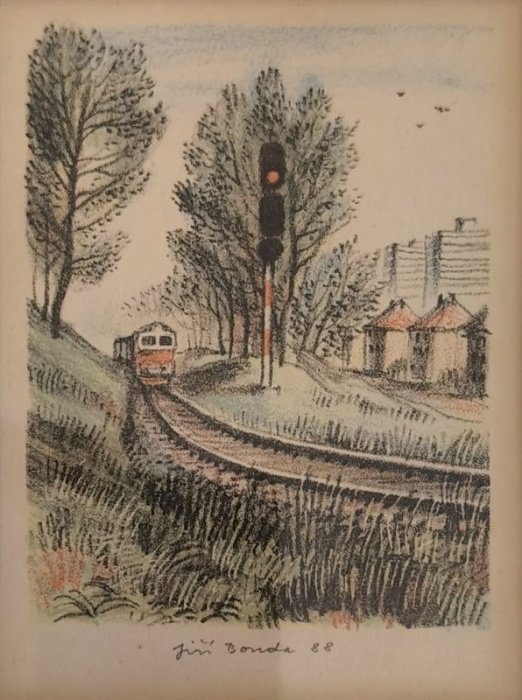 Jiří Bouda (1934 - 2015) - Motorová lokomotiva s nákladem u návěstidla (litografie)