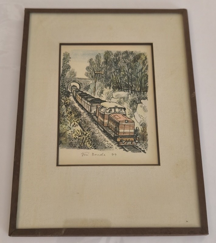 Jiří Bouda (1934 - 2015) - Motorová lokomotiva s nákladem u návěstidla (litografie)