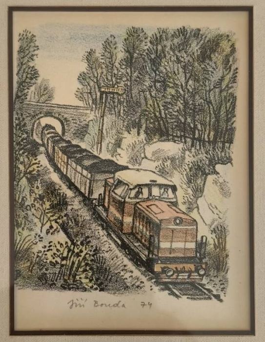 Jiří Bouda (1934 - 2015) - Motorová lokomotiva s nákladem u návěstidla (litografie)