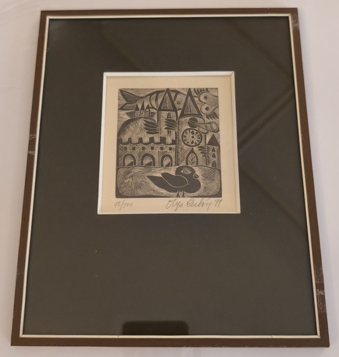 Olga Čechová (1925 - 2010) - Ptáček před kostelem - dřevoryt