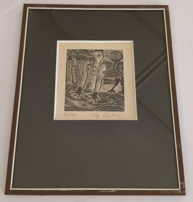 Olga Čechová (1925 - 2010) - Ptáček a ženský akt - dřevoryt